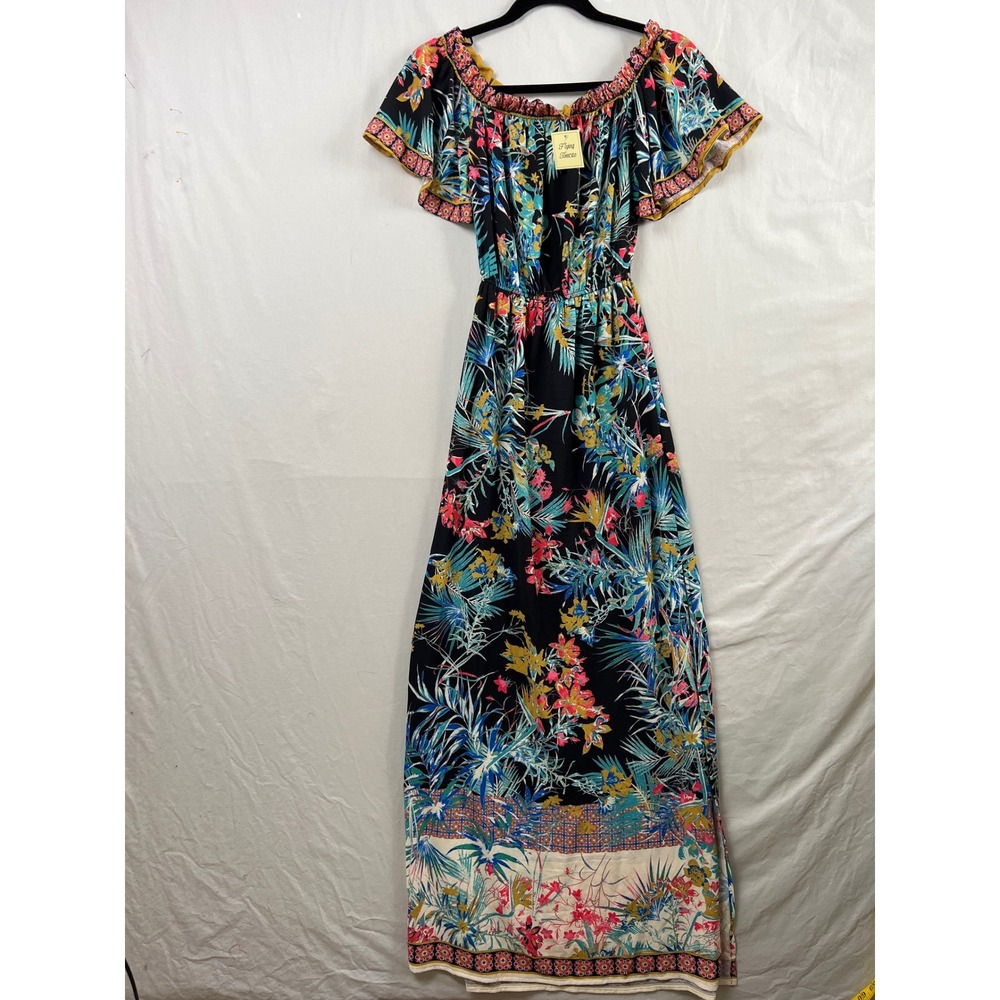 Flying Tomato Maxi Dress Women XS Black Tropical Floral Off Shoulder Boho Slit